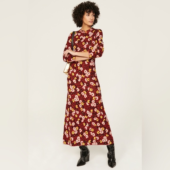 New! The Kooples Floral Knit Long Sleeve Maxi Dress Red, Yellow, Black 🌻 Small - Picture 4 of 13